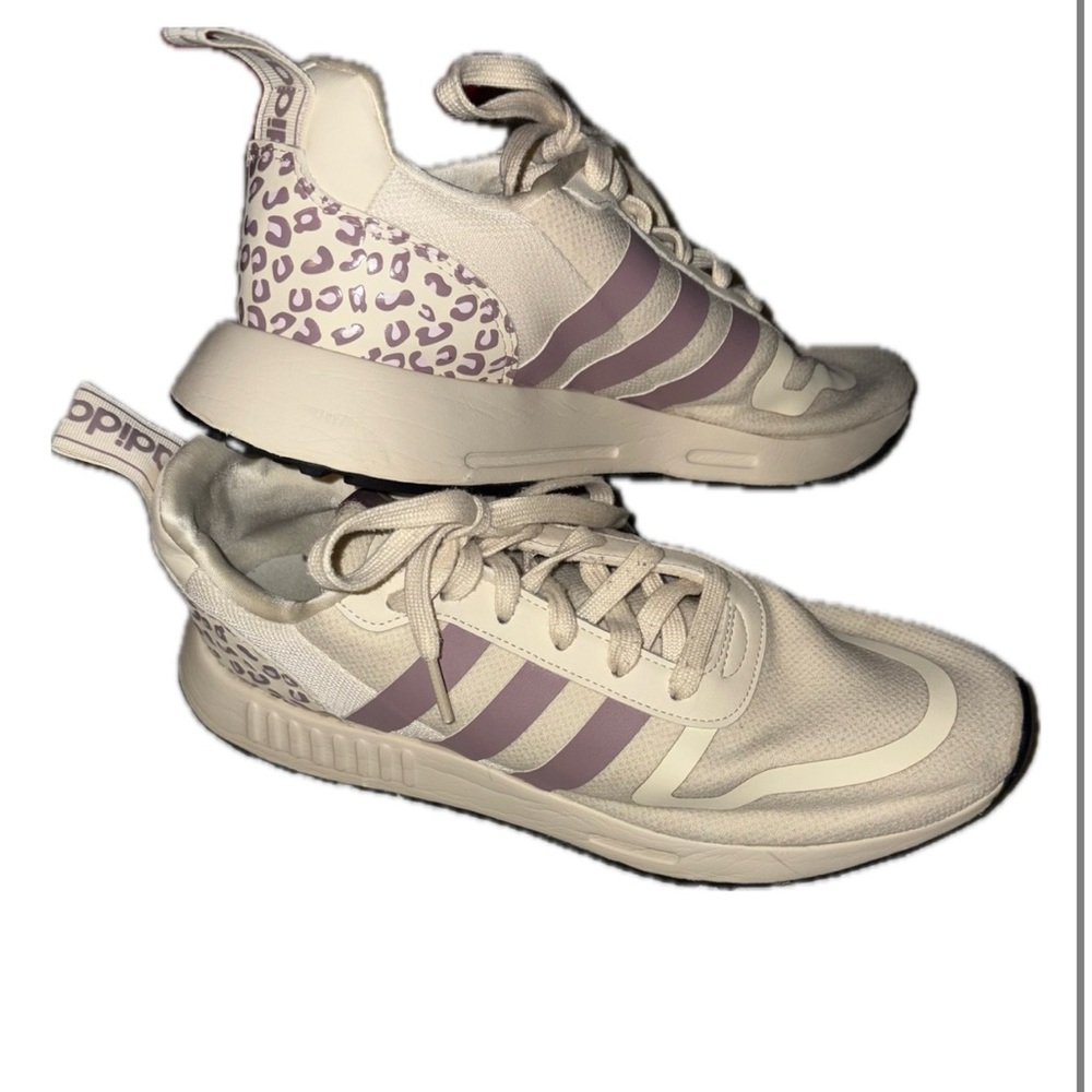 Adidas Women's Cream Sneakers with Light Purple Leopard Accent
